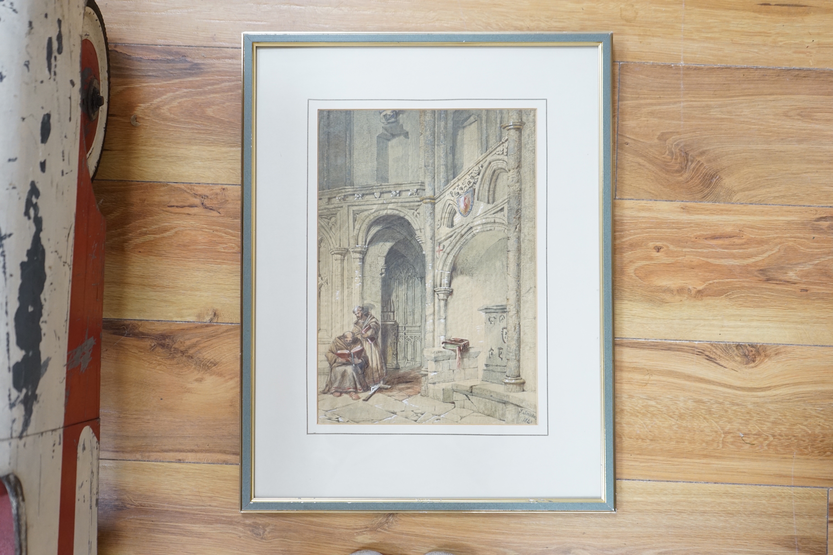 Thomas Scandrett (1797-1870), heightened watercolour, Two monks in an ecclesiastical setting, signed and dated 1843, 34 x 24cm